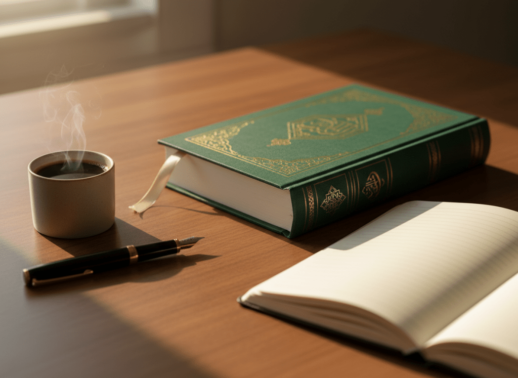 A hardcover Arabic book with a deep emerald green cloth cover, subtle gold-embossed patterns along the spine, and a delicate satin ribbon bookmark slightly protruding from the pages, resting on a smooth walnut desk. Around it lie a classic black fountain pen, a small ceramic cup of coffee, and a simple notebook half-open with blank pages. Soft morning light enters from an unseen window to the left, casting gentle, elongated shadows and a warm glow on the textured book cover. Photographic realism, eye-level composition with shallow depth of field, creating an intimate, sophisticated, and contemplative mood suitable for a literary personal blog homepage.