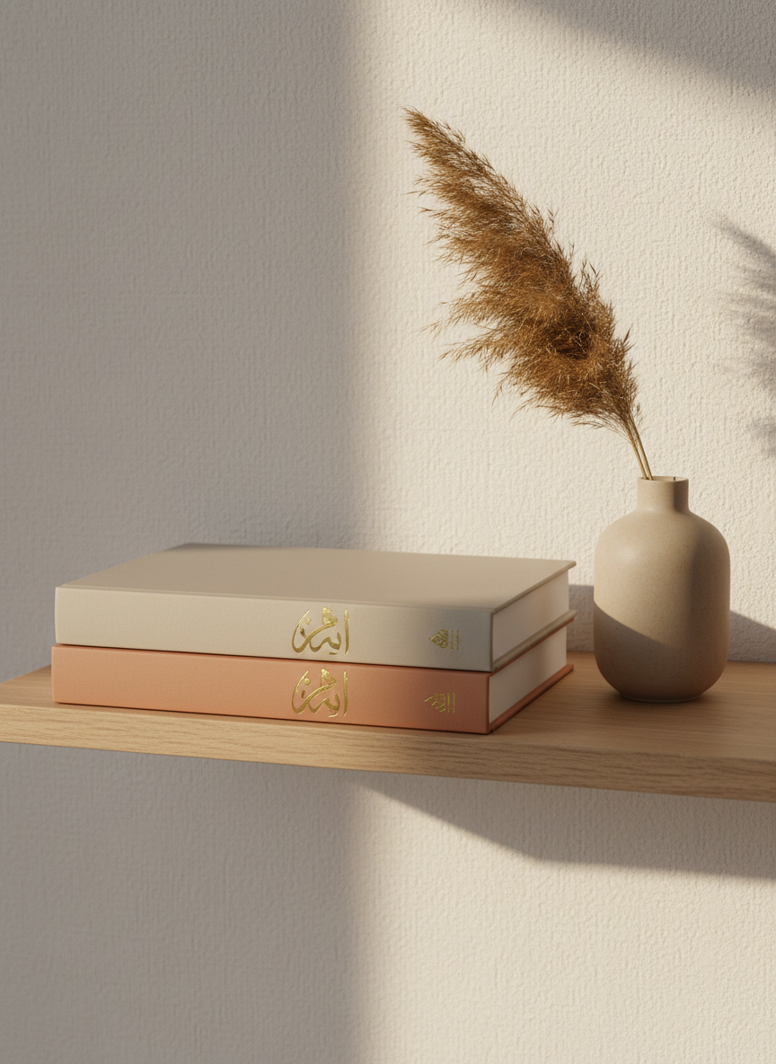A neatly arranged stack of three Arabic books in varying neutral tones—matte beige, charcoal gray, and muted terracotta—placed on a light oak shelf against a softly textured off-white wall. Beside the stack sits a small, minimalist sand-colored vase with a single dried pampas stem, adding height and elegance. Diffused afternoon light bathes the scene, creating soft highlights on the book spines and subtle shadows along the shelf edge. Shot from a slightly elevated angle with balanced composition, the background gently blurred. Photographic realism, clean and modern aesthetic, evoking calm reflection and a refined love of reading for a card-based grid layout.